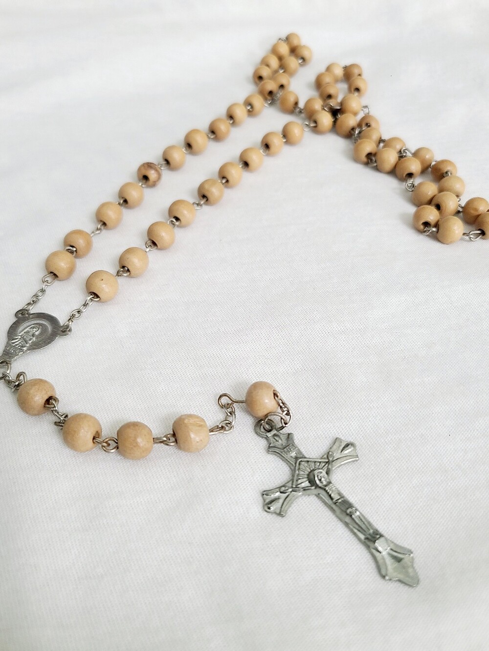 Classic Wooden Bead Rosary Necklace in Natural Beige